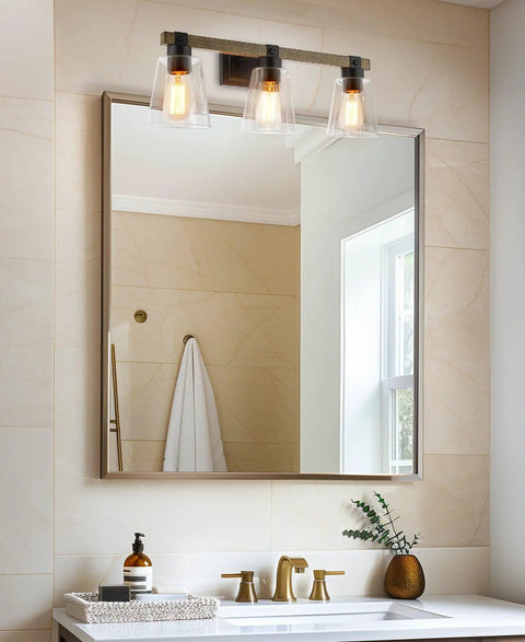 Bathroom with 4 Light Farmhouse Vanity Light With Funnel Glass Shades In Smoked Birch Finish, gold faucet beneath.
