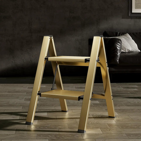 2 Step Foldable Aluminum Stool Ladder For Home Use, Lightweight And Compact, No-Hassle Easy Open Fold, Sturdy And Versatile Reach To 24-Inch, Ideal For Reaching Cabinets And High Shelves, Perfect For Seniors And DIY Enthusiasts. gold 2-step aluminum stool in living room