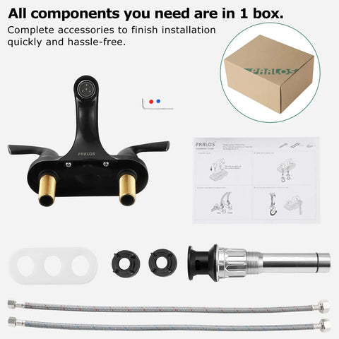 Two Handle Matte Black Bathroom Sink Faucet With Metal Drain Assembly And Supply Hose Lead Free cUPC NSF 61 Certified 4 Inch Centerset 3 Hole Mount Includes Push Pop Up Drain No Fuss Easy Install components in box