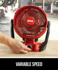 Rock Solid Brushless 7 Inch Jobsite Fan Delivering A Smooth 500 Cfm Breeze With A Flexible 180 Degree Pivoting Head And Quick Adjust Variable Speed Controls For Crew Comfort with variable speed dial.