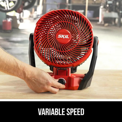 Rock Solid Brushless 7 Inch Jobsite Fan Delivering A Smooth 500 Cfm Breeze With A Flexible 180 Degree Pivoting Head And Quick Adjust Variable Speed Controls For Crew Comfort with variable speed dial.