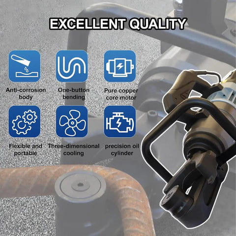 MXJCKSOQ 1200W Electric Hydraulic Rebar Bender With Straightening Function showing features like anti-corrosion body and pure copper motor.