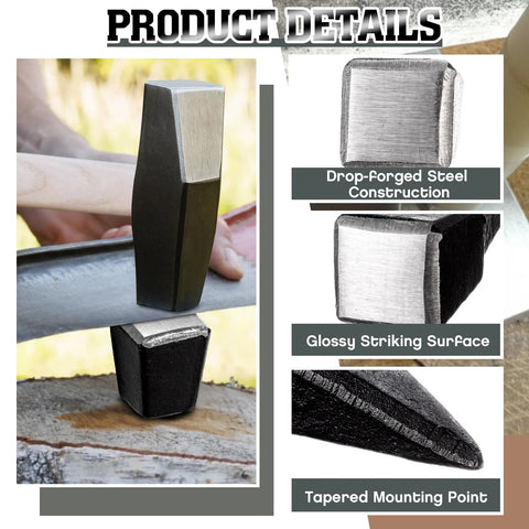 Two Piece Peening Anvil Set For Scythe Blades In Drop Forged Steel With Flat Striking Surface And Glossy Finish