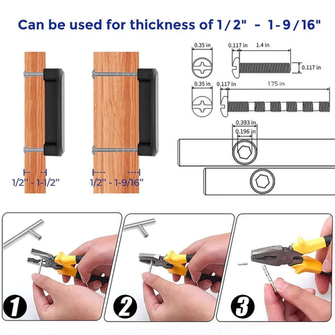 Installation guide for Top Shelf Heavy Duty 3 Inch Matte Black Cabinet Pulls 10 Pack with dimensions and tools.