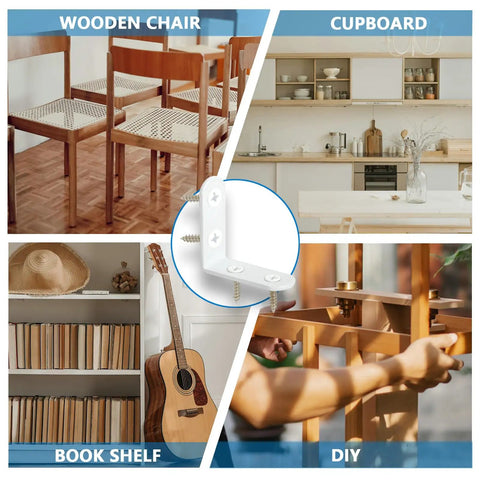 18 Piece White L Bracket Set With 72 Screws for wood furniture, shelves, beds, cabinets, drawers and chairs in use.