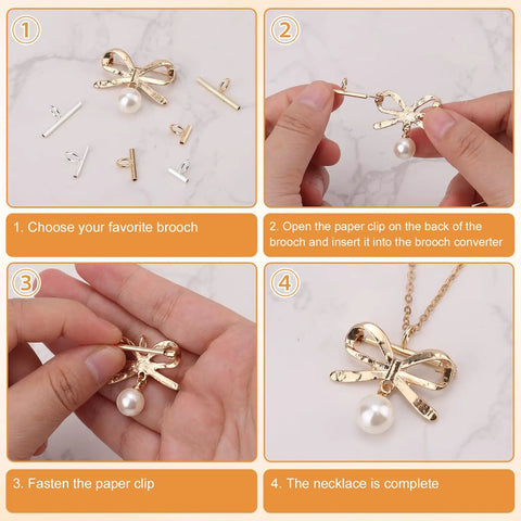 Must Have 6 Pack Pin To Pendant Converters In Gold And Silver Copper Finish For DIY Jewelry Making Pendant Converter Pin Necklace Adapters Compatible With 8mm 13mm And 20mm Components, showing conversion process from brooch to pendant.