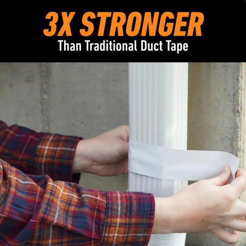 Person applying white duct tape to a pipe, showcasing triple layer strength and UV resistance for various surfaces.