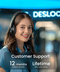 A customer support representative with headset smiling at camera, text reads '12 months product warranty, Lifetime after-sales service'.