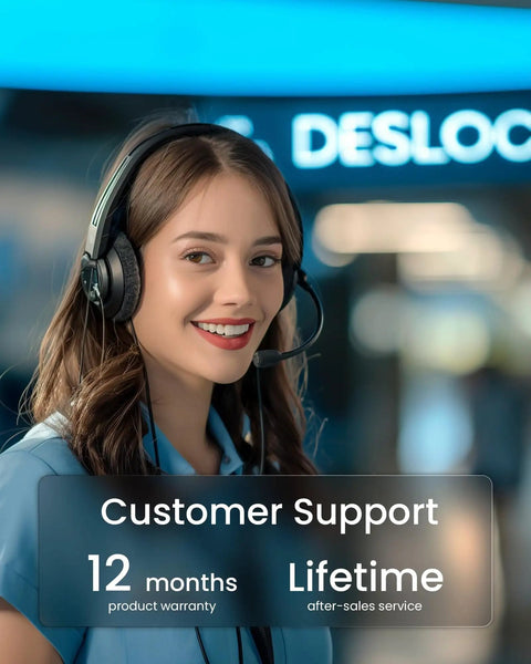 A customer support representative with headset smiling at camera, text reads '12 months product warranty, Lifetime after-sales service'.