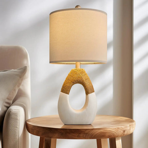 Small Boho Table Lamps Set Of 2 For Bedroom And Living Room, Farmhouse Rattan Rustic Nightstand Lamps with Cotton Linen Shade on a Table