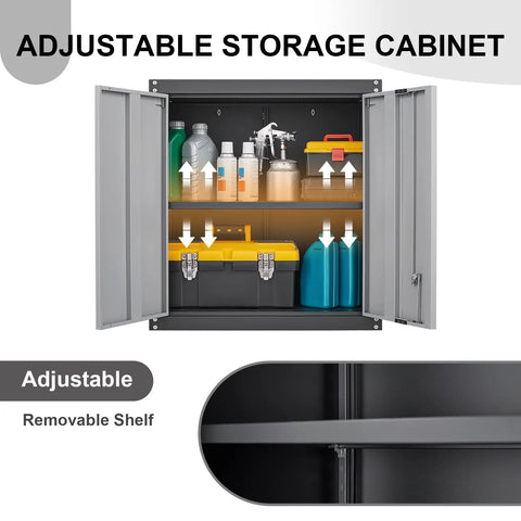 Open heavy duty wall mounted steel garage cabinet with locking doors and adjustable shelves built to last storage for your workshop or shed utility room black and gray finish showing stored items.