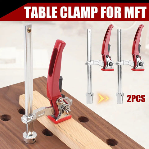 Two Pack Quick Ratchet Bench Dog Clamps For Woodworking Hold Downs On MFT Tables And Workbenches Heavy Duty Clamps shown installed on wood.