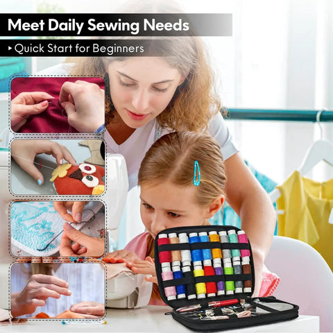 Child and adult using Must Have Carry Along Portable Sewing Kit With Mixed Color Threads, open kit showing contents