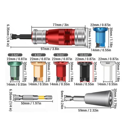 Badass Drill Wire Stripper Kit Cuts AWG 6 Through 14 Solid House Wiring Fast And Effortless No Sweat Electrical Connector Twisting Adapter with multiple sizes.