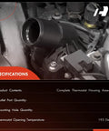 Close-up of OE Replacement Thermostat Housing Kit Direct Fit For Land Rover LR2 And Volvo SUVs with specifications label
