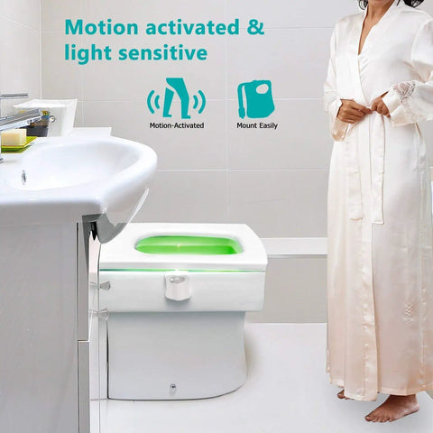 Toilet Night Light Motion Sensor LED Lamp 2 Pack 8 Color Changing Bathroom Nightlight installed on toilet, person standing nearby.