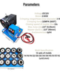 12V Portable Hydraulic Hose Crimper With 13 Quick Swap Dies, featuring a compact design and various dies for different hose sizes.