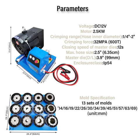 12V Portable Hydraulic Hose Crimper With 13 Quick Swap Dies, featuring a compact design and various dies for different hose sizes.
