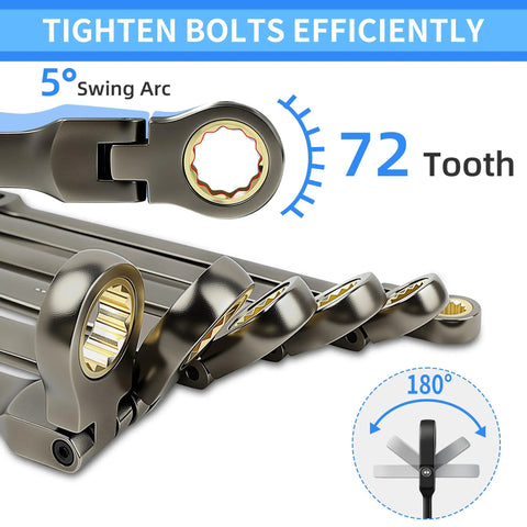 Extra Long Flex Head Ratcheting Wrench Set Six Piece Metric 8-19mm With Double Box End 180 Degree Flex Head CR-V Steel