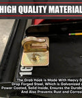 Two Pack Grade 70 Forged Steel Three Eighths Inch Tractor Bucket Grab Hooks With Backer Plate shown mounted on surface