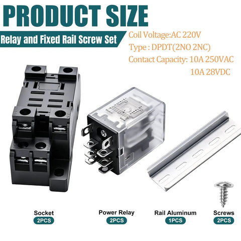 2 Pack JQX-13FL 220V AC DPDT Electromagnetic Power Relay With Base And 100mm DIN Rail Mount, 8 Pin, 10A 250VAC Or 28VDC, LED Indicator, Aluminum Slotted Rail Housing; relay parts layout