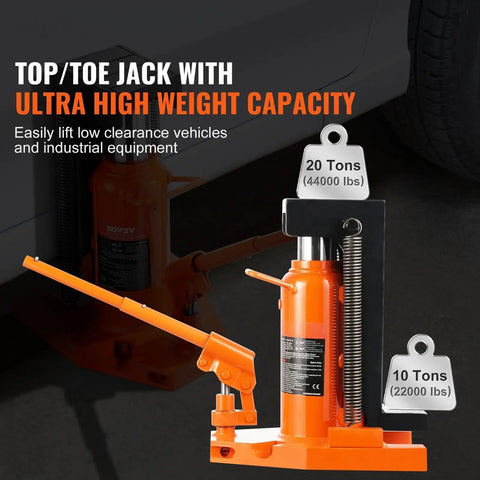 Heavy Duty Hydraulic Toe And Top Lift Jack Delivering 20 Ton Muscle for low clearance vehicle lifting with orange design.
