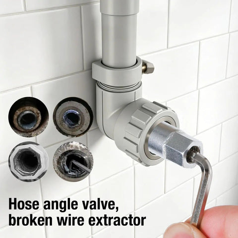 Hose angle valve with broken wire extractor from Super Tough Heavy Duty Forged Steel Thread Retapper And Broken Bolt Extractor.