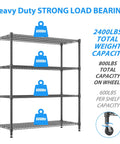 Beefy 4 Tier Wire Shelving Unit On Wheels 60 Inch Wide 24x60x72 Inches Holds Up To 2,400 Lbs Adjustable Metal Shelves For Garage Pantry And Kitchen Black Powder Coated Steel Heavy Duty Storage Rack with 600lb shelf labels
