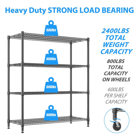 Beefy 4 Tier Wire Shelving Unit On Wheels 60 Inch Wide 24x60x72 Inches Holds Up To 2,400 Lbs Adjustable Metal Shelves For Garage Pantry And Kitchen Black Powder Coated Steel Heavy Duty Storage Rack with 600lb shelf labels