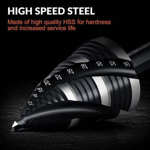 Close-up of Four Spiral Flute HSS Step Drill Bit Set Metric 4mm To 35mm Unibit For Aluminum Wood Plastic Metal, numbered increments visible.