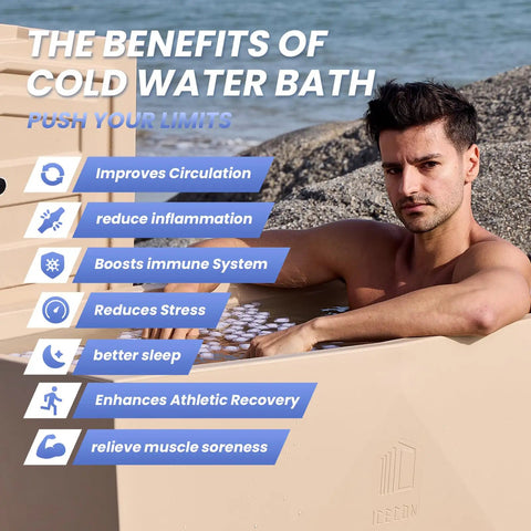 Man enjoying benefits of cold plunge in a Heavy Duty Rotomolded Cold Plunge Tub With Solid Thermal Build For Hardcore Workouts And Rapid Recovery Leak Proof Ice Bath Tote For Gym Home Outdoor Chill Sessions.