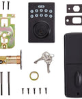 Pack Of Six Matte Black Electronic Keypad Deadbolt Door Lock With Auto Lock And Touch Control Keyless Entry Featuring Customizable User Codes. Components include keypad, cylinder, keys, and installation parts.
