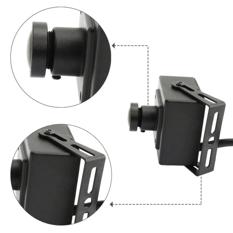 Mini Aluminum USB Security Camera With 170 Degree Wide Fisheye Lens 5MP HD, shown in close-up and side view of aluminum case