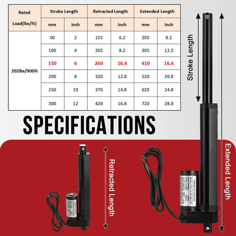 Tough As Nails 12 Volt Linear Actuator With Six Inch Stroke And Mounting Brackets specifications table and actuator image