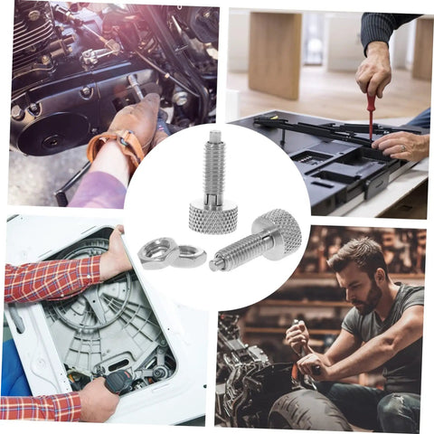 Heavy Duty Stainless Steel Retractable Spring Plunger Locking Pins for Rolling Toolboxes and Shop Cabinets shown in various tools and applications.