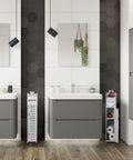 Slim Over Toilet Storage Cabinet For Small Bathrooms, narrow white floor organizer, next to modern sink, bathroom setting