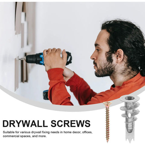 Person using drill with Heavy Duty Self Drilling Drywall Anchor Kit With Zinc Alloy And Iron Screws for secure fixes