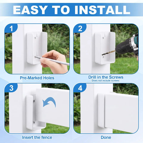 Installation steps for 20 Pack White Vinyl Fence Rail Mount Brackets U Mount Bracket Kit for railings and fences 2x3.5 inch