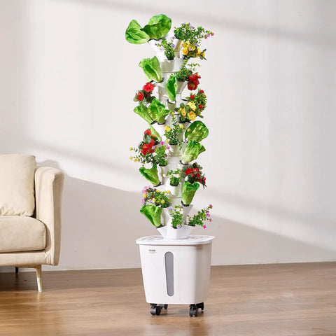 Space Saving 50 Pod Vertical Hydroponic Tower With 10 Tiers Rolling Indoor Garden On Wheels With Water Pump In Living Room