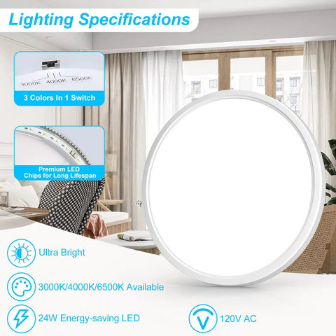 Two Pack 12 Inch LED Flush Mount Ceiling Light With Night Light, 24W 3200LM Dimmable Round Flat Panel, lighting specs display