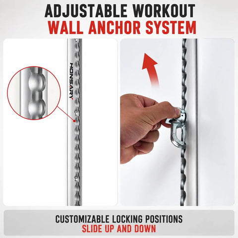 Adjustable wall anchor system with customizable locking positions for resistance training in home gyms.