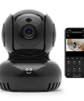 1080P Security Camera With 24 Seven Live Streaming And Pan Tilt Zoom, Motion Detection, Night Vision, Two Way Audio next to smartphone