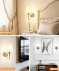 Battery Operated Wall Sconces Set of 2 in gold displayed in bedroom and living room, showing different color temperature options.