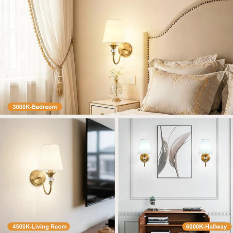 Battery Operated Wall Sconces Set of 2 in gold displayed in bedroom and living room, showing different color temperature options.