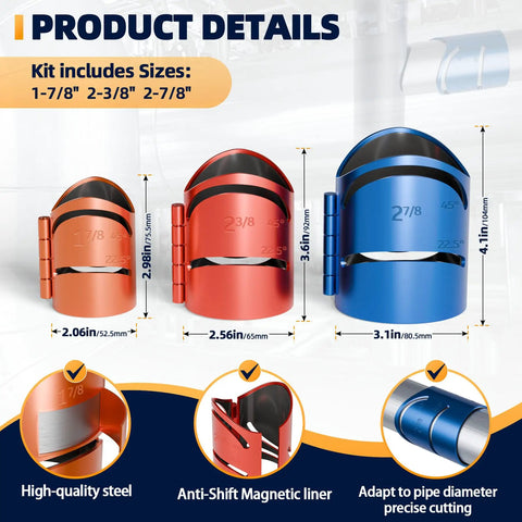 Pro Pipe Cutting Guide Kit For Metal Pipes With Magnetic Saddle Template showing sizes 1-7/8, 2-3/8, 2-7/8 inches