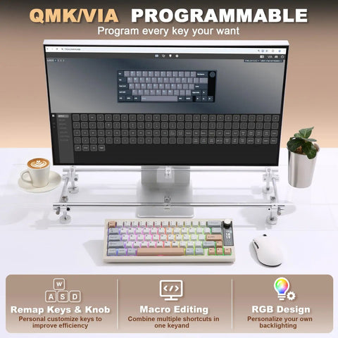 Slick Wireless Mechanical Keyboard Featuring Sixty Eight Keys In Warm Beige Paired With Buttery Smooth Milk V2 Switches And A Standout Customizable Smart TFT Screen, shown with an interactive programming interface.