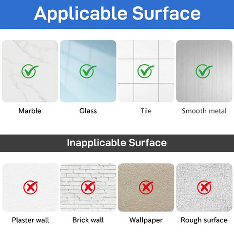 Image showing surfaces suitable and unsuitable for Heavy Duty Black Suction Cup Hooks Two Pack No Drill Bathroom Wall Adhesive Rack.