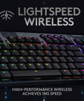 Game Changing Tenkeyless Wireless Mechanical Gaming Keyboard Featuring Crisp Tactile Switches Slick Syncable RGB Lighting Zero Lag Wireless Connection And Heavy Duty All Day Battery For Battle Ready Setups Black close-up of keys and lighting