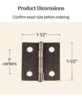 Antique Brass Butt Hinges For Cabinet Doors And Wooden Boxes 1.5 Inch Square Pack Of Two with product dimensions shown.
