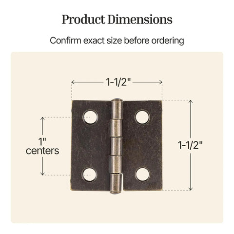 Antique Brass Butt Hinges For Cabinet Doors And Wooden Boxes 1.5 Inch Square Pack Of Two with product dimensions shown.